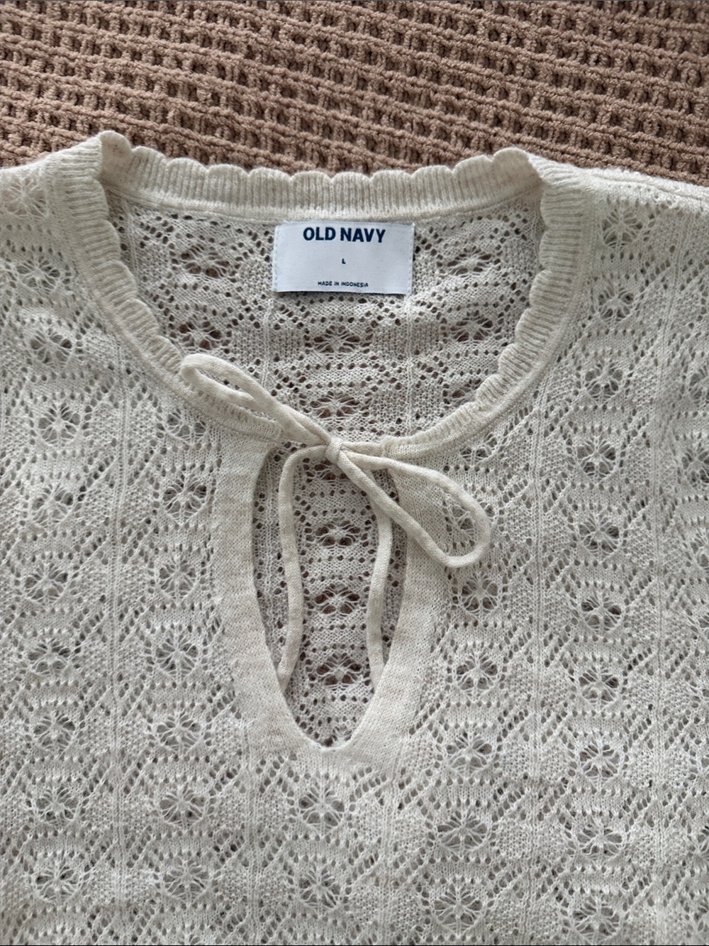 Old Navy Cream Openwork Tie-Neck Short Sleeve Sweater - Picture 2 of 5